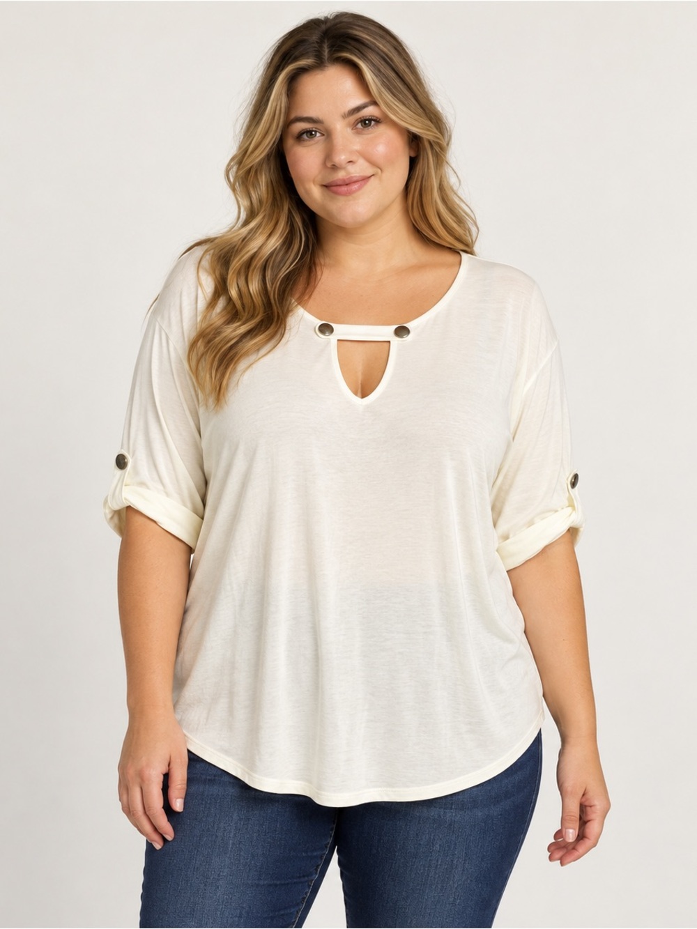 Sew in Love Cream Keyhole Roll-Tab Sleeve Blouse Size 1XL